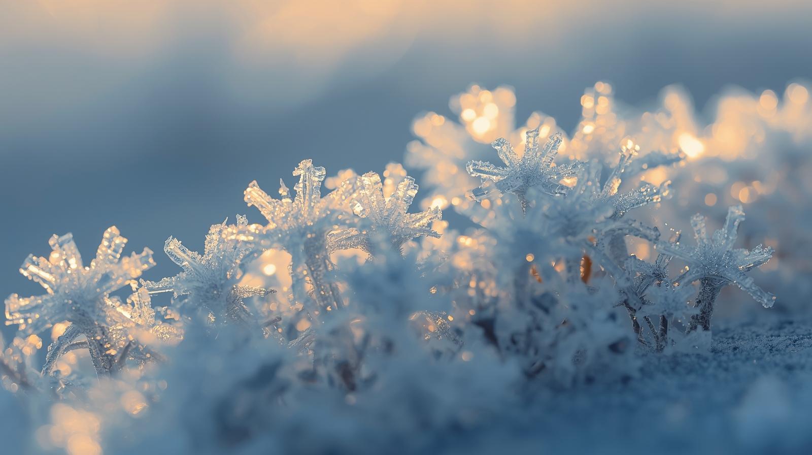 Nahaufnahme von Eisblumen im Sonnenlicht