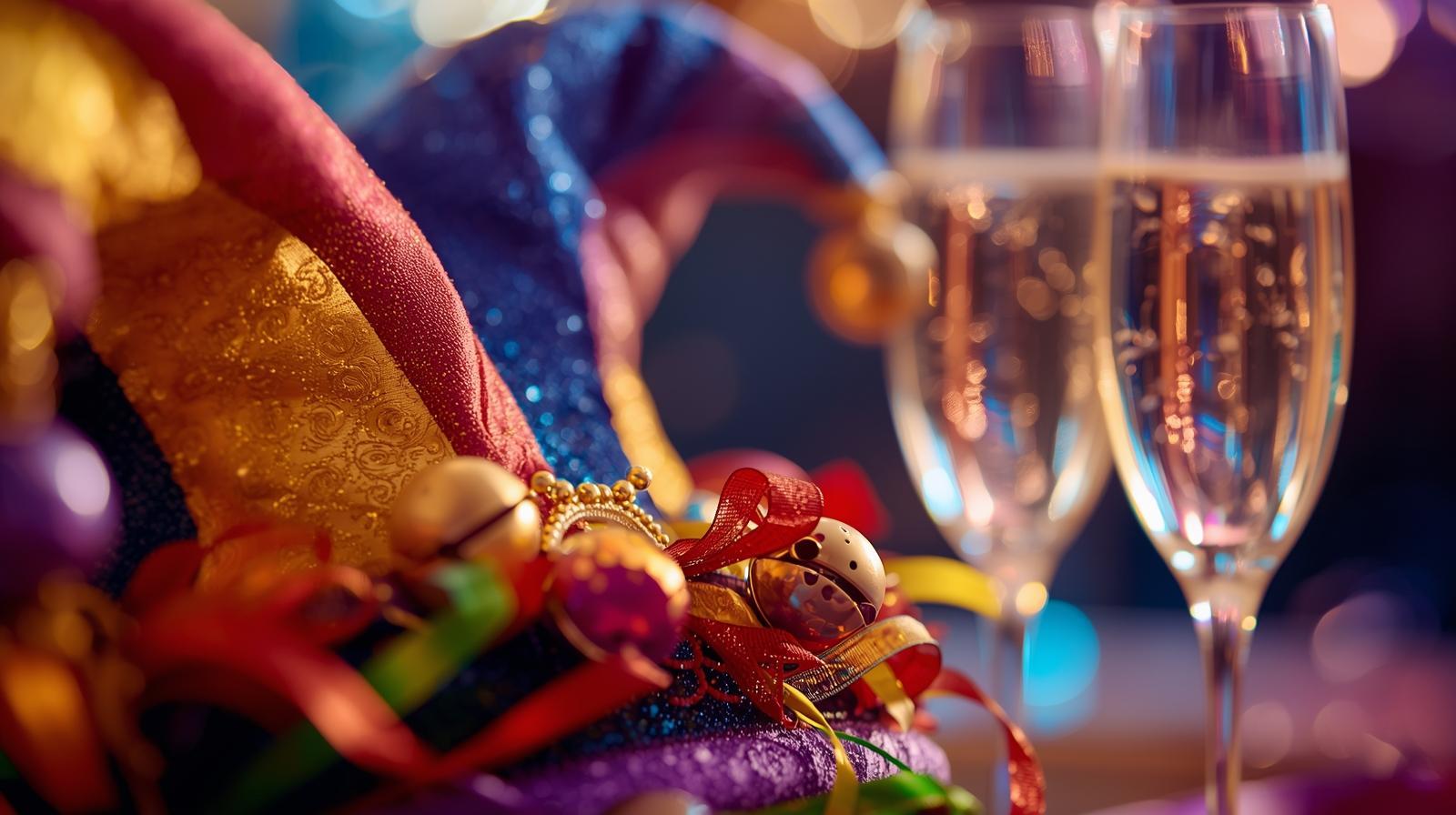 Fasching 2026 Nahaufnahme einer Narrenkappe im Hintergrund sind zwei Sektgläser zu sehen