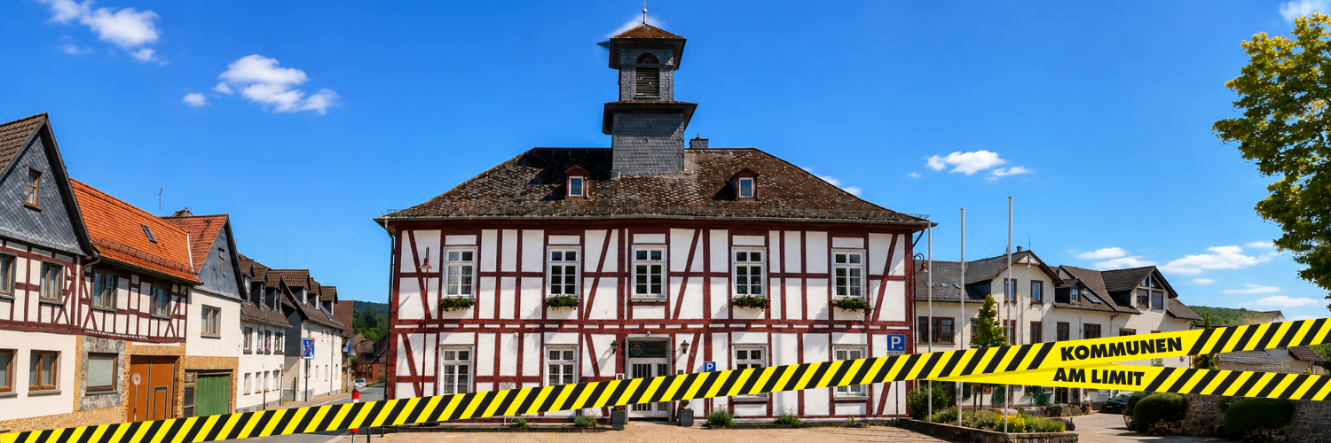 Rathaus mit einem Banner mit der Aufschrift „KOMMUNEN AM LIMIT“