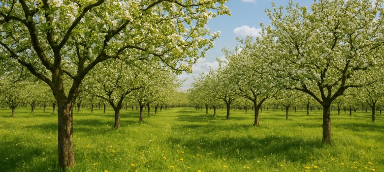 Streuobstwiese in voller Blüte – ein wertvoller Lebensraum für Mensch und Natur. - KI-generiert Blühende Streuobstwiese an einem sonnigen Frühlingstag, mit dicht stehenden Obstbäumen in voller Blüte, grünem Gras und gelben Wildblumen unter einem blauen Himmel mit weißen Wolken.