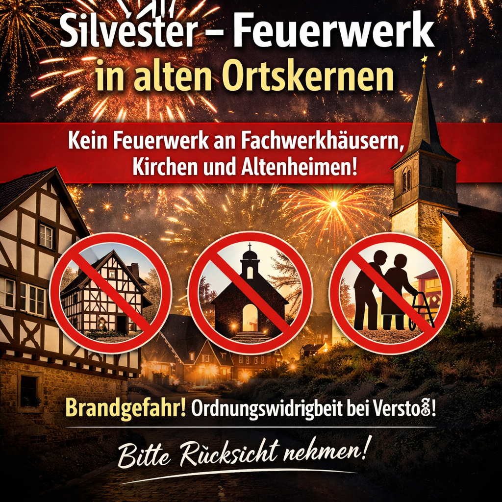Informationsgrafik zum Thema Silvesterfeuerwerk in alten Ortskernen. Im Hintergrund sind Feuerwerksraketen über einem historischen Dorf mit Fachwerkhäusern und einer Kirche zu sehen. In der Mitte steht der Text „Silvester – Feuerwerk in alten Ortskernen“. Darunter ein rotes Warnbanner mit der Aufschrift „Kein Feuerwerk an Fachwerkhäusern, Kirchen und Altenheimen!“. Drei durchgestrichene Symbole zeigen ein Fachwerkhaus, eine Kirche und eine ältere Person mit Rollator. Unten der Hinweis „Brandgefahr! Ordnungswidrigkeit bei Verstoß! Bitte Rücksicht nehmen!