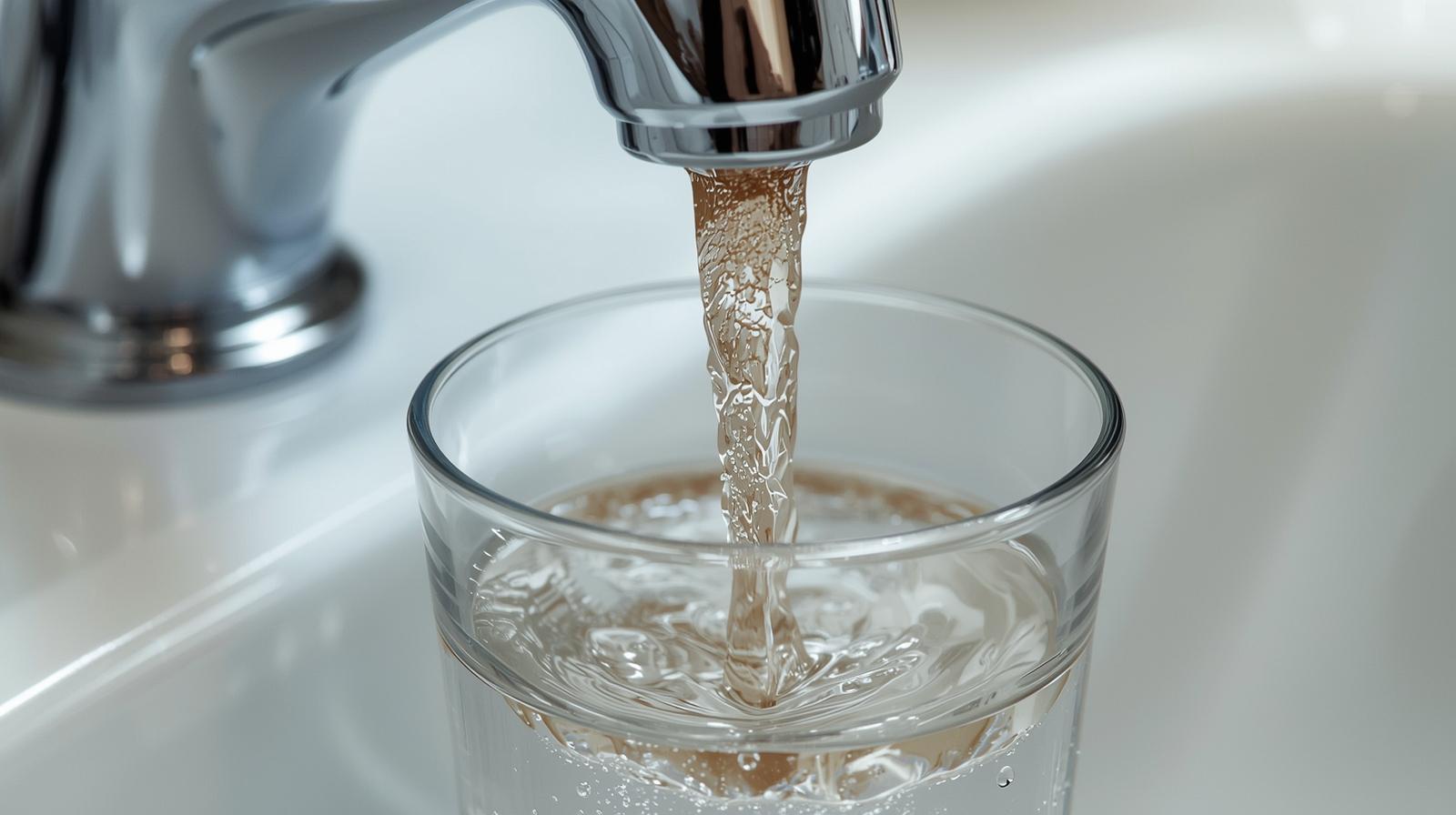 Eingetrübtes Trinkwasser Nahaufnahme eines Wasserhahns, aus dem leicht trübes Wasser kommt. darunter ist ein Glas mit Wasser zu sehen.