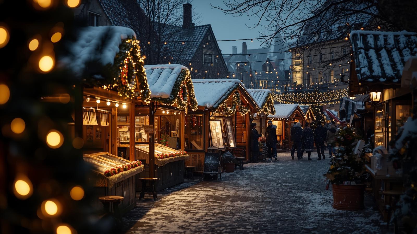 Weihnachtsmarkt Ein Bild von einem kleinen Weihnachtsmarkt mit 5 kleinen Verkaufsbuden am Abend, mit vielen weihnachtlichen Lichtern und einer schönen Stimmung