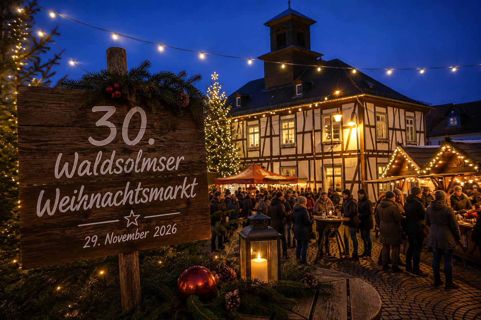 30. Waldsolmser Weihnachtsmarkt Stimmungsvoller Waldsolmser Weihnachtsmarkt am Abend mit festlich beleuchteten Marktständen, Weihnachtsbaum und zahlreichen Besucherinnen und Besuchern vor dem historischen Rathaus. Im Vordergrund weist ein geschmücktes Holzschild auf den 30. Waldsolmser Weihnachtsmarkt am 29. November 2026 hin.