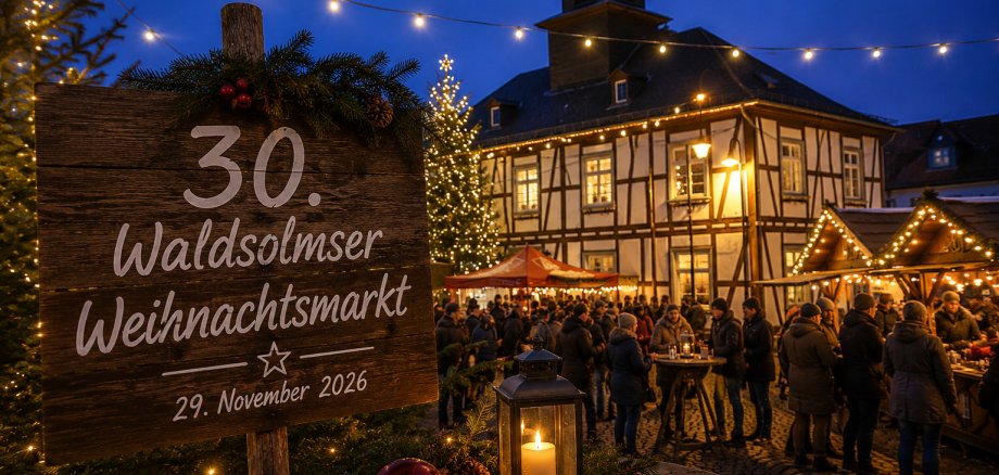30. Waldsolmser Weihnachtsmarkt Stimmungsvoller Waldsolmser Weihnachtsmarkt am Abend mit festlich beleuchteten Marktständen, Weihnachtsbaum und zahlreichen Besucherinnen und Besuchern vor dem historischen Rathaus. Im Vordergrund weist ein geschmücktes Holzschild auf den 30. Waldsolmser Weihnachtsmarkt am 29. November 2026 hin.