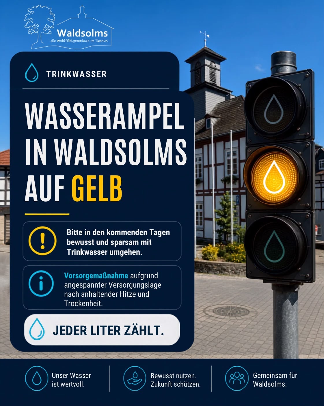 Wasserampel für Waldsolms auf GELB Informationsgrafik der Gemeinde Waldsolms zum sparsamen Umgang mit Trinkwasser. Vor dem Hintergrund eines Ortsgebäudes ist eine auf Gelb stehende Ampel mit Wassertropfen-Symbol zu sehen. Die Grafik informiert über eine angespannte Wasserversorgungslage aufgrund anhaltender Hitze und Trockenheit und bittet darum, in den kommenden Tagen bewusst und sparsam mit Trinkwasser umzugehen. Kernaussage: „Jeder Liter zählt.“ Unten stehen die Hinweise „Unser Wasser ist wertvoll“, „Bewusst nutzen. Zukunft schützen.“ und „Gemeinsam für Waldsolms.