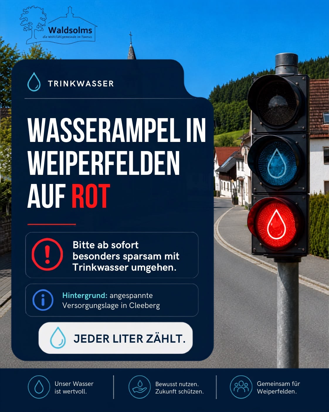 Wasserampel in Weiperfelden auf ROT Informationsgrafik der Gemeinde Waldsolms zur angespannten Trinkwasserversorgung in Weiperfelden. Im Hintergrund ist eine ländliche Ortsansicht mit Wald, Häusern und einer Kirche zu sehen. Rechts steht eine Ampel mit Wassertropfen-Symbol, die auf Rot leuchtet. Die Grafik weist darauf hin, dass ab sofort besonders sparsam mit Trinkwasser umgegangen werden soll. Als Hintergrund wird eine angespannte Versorgungslage in Cleeberg genannt. Die zentrale Botschaft lautet: „Jeder Liter zählt.“ Am unteren Rand stehen die Hinweise „Unser Wasser ist wertvoll“, „Bewusst nutzen. Zukunft schützen.“ und „Gemeinsam für Weiperfelden.“