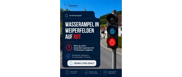 Wasserampel in Weiperfelden auf ROT Informationsgrafik der Gemeinde Waldsolms zur angespannten Trinkwasserversorgung in Weiperfelden. Im Hintergrund ist eine ländliche Ortsansicht mit Wald, Häusern und einer Kirche zu sehen. Rechts steht eine Ampel mit Wassertropfen-Symbol, die auf Rot leuchtet. Die Grafik weist darauf hin, dass ab sofort besonders sparsam mit Trinkwasser umgegangen werden soll. Als Hintergrund wird eine angespannte Versorgungslage in Cleeberg genannt. Die zentrale Botschaft lautet: „Jeder Liter zählt.“ Am unteren Rand stehen die Hinweise „Unser Wasser ist wertvoll“, „Bewusst nutzen. Zukunft schützen.“ und „Gemeinsam für Weiperfelden.“