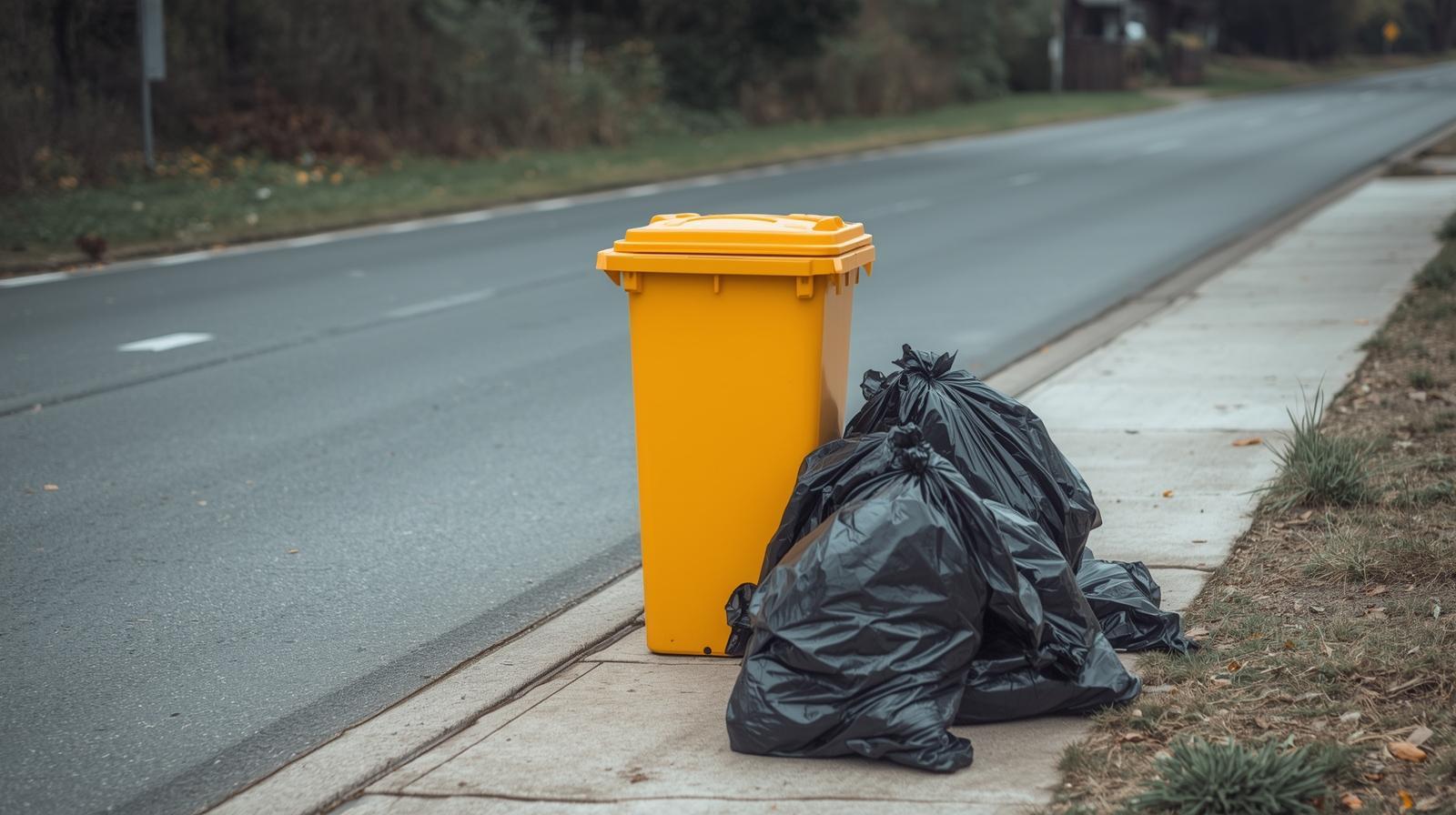 gelbe Tonne gelbe Tonne und Müllsäcke am Straßenrand
