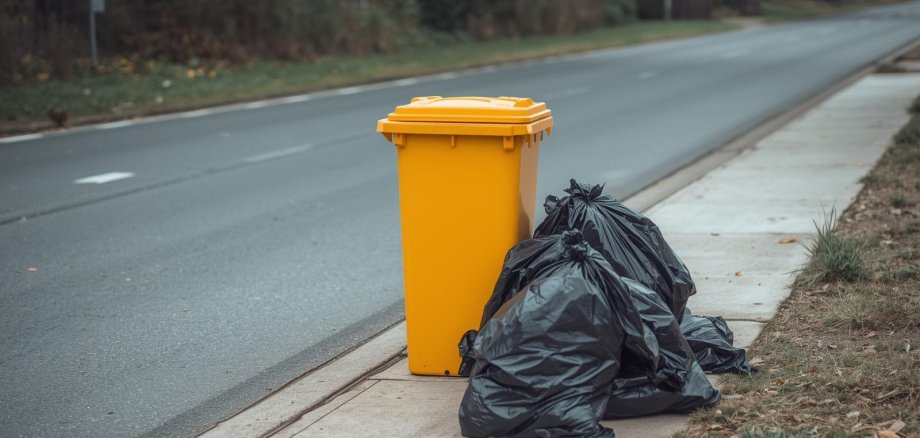 gelbe Tonne und Müllsäcke am Straßenrand