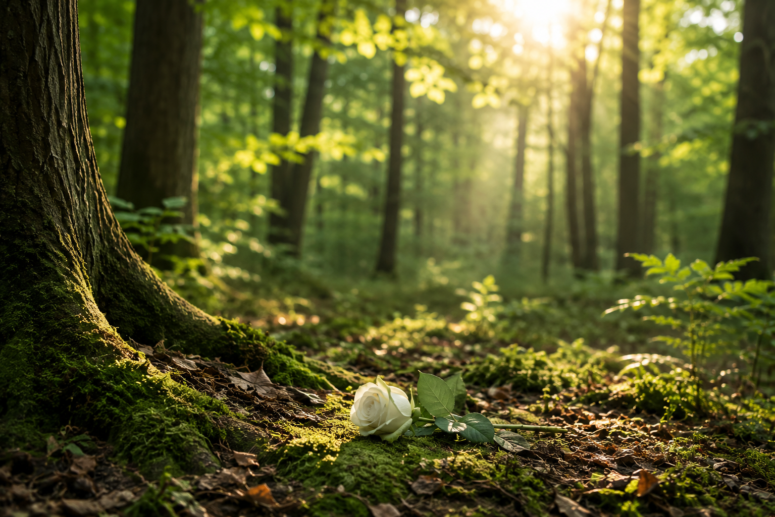 Hinweis Waldfriedhof Weiße Blume auf dem Waldboden in einem ruhigen Wald als Symbol für den Waldfriedhof Wasserbuche.