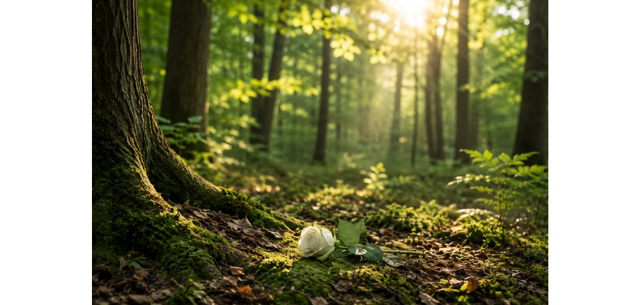 Hinweis Waldfriedhof Weiße Blume auf dem Waldboden in einem ruhigen Wald als Symbol für den Waldfriedhof Wasserbuche.