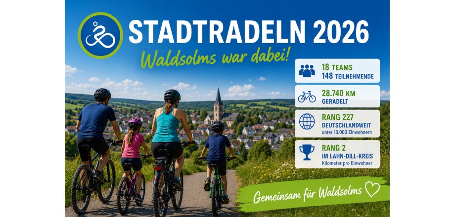 Stadtradeln 2026 Familie fährt mit Fahrrädern auf einem Radweg. Grafik zum STADTRADELN 2026 mit den wichtigsten Ergebnissen und Erfolgen der Gemeinde.