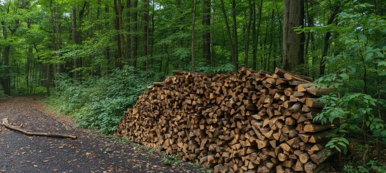 Brennholz Gemeinde waldsolms auf dem Bild ist ein Waldweg zu sehen, an dessen Seite sitzt ein Polter mit Brennholz.