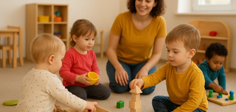 Mehrere Kleinkinder spielen in einem hellen, freundlich eingerichteten Gruppenraum mit Holzklötzen und bunten Spielmaterialien, während eine lächelnde Erzieherin sie aufmerksam begleitet. Die Szene vermittelt eine warme, einladende Atmosphäre und zeigt eine typische Alltagssituation in der Krippe